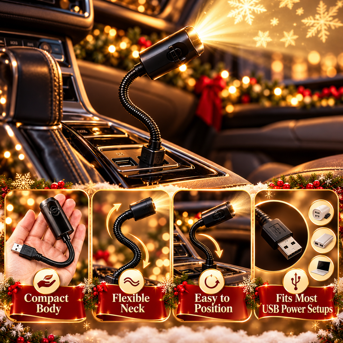 20-Pattern Christmas Car Window Projector – USB Powered Holiday Light with 360° Flexible Neck