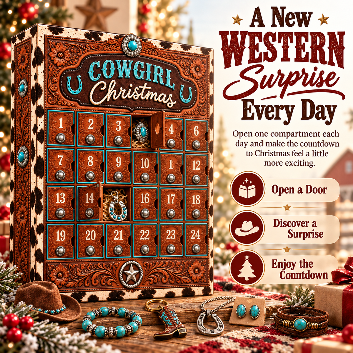 Cowgirl Christmas Advent Calendar – 24 Western-Inspired Surprises with Turquoise-Style Jewelry, Accessories & Keepsakes