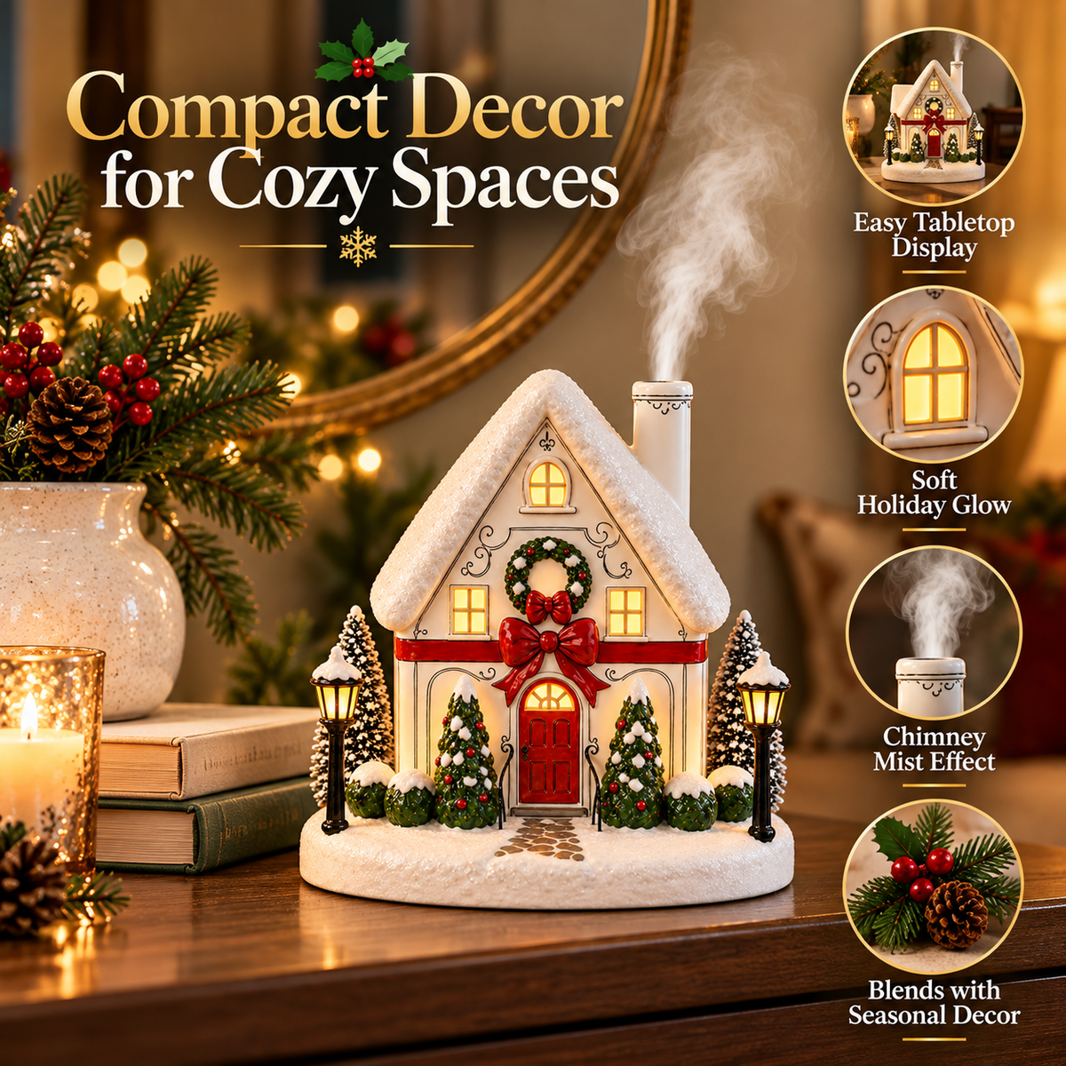Christmas House Aroma Diffuser – Light-Up Holiday Humidifier with Chimney Mist & Warm Window Glow