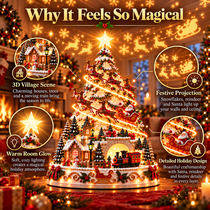 🏆 60,000+ Sold - 🎄Santa Express Christmas Village Lightscape Tree – 3D Lighted Village Centerpiece with Room-Filling Projection