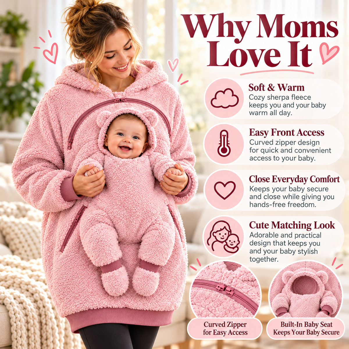 Baby Fleece Hoodie with Built-In Baby Seat – Cozy Babywearing Pullover for Moms & Dads