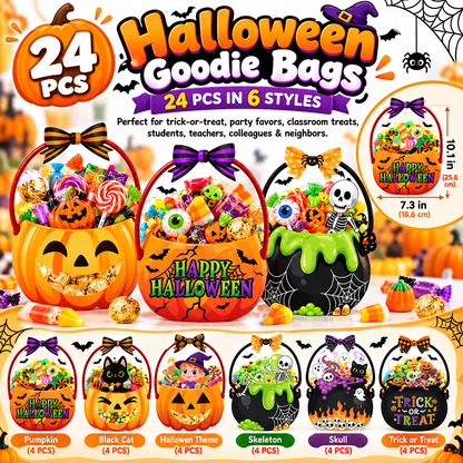 24-Pack Halloween Trick or Treat Goodie Bags – 6 Assorted Pumpkin, Witch, Skeleton & Black Cat Designs