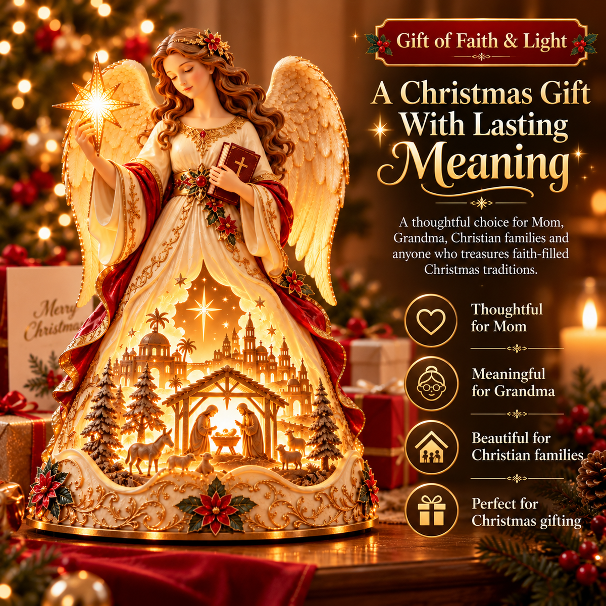 Lighted Christmas Angel Nativity Figurine – Bethlehem Star & Holy Family Tabletop Decor with Warm Golden Glow