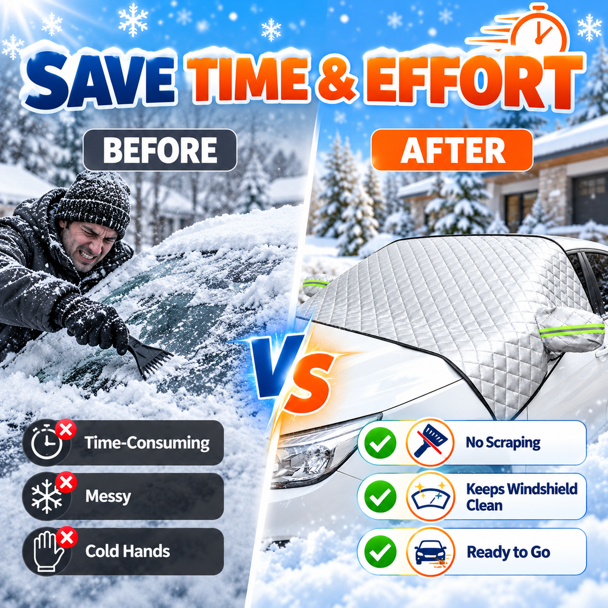 4-Layer Car Windshield Snow Cover – 63" × 46" Waterproof Frost & Ice Protector with Side Mirror Covers