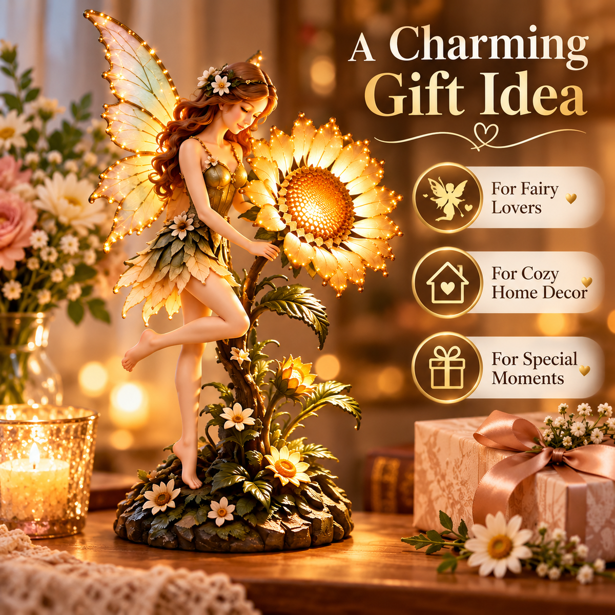 Sunflower Fairy Projection Lamp – Warm Lighted Fantasy Figurine with Flower Shadow Effect