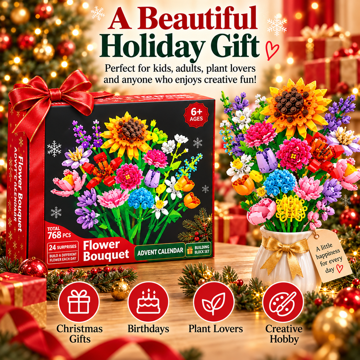 24-Day Flower Bouquet Building Blocks Advent Calendar – 24 Different Flowers Christmas Countdown Building Set