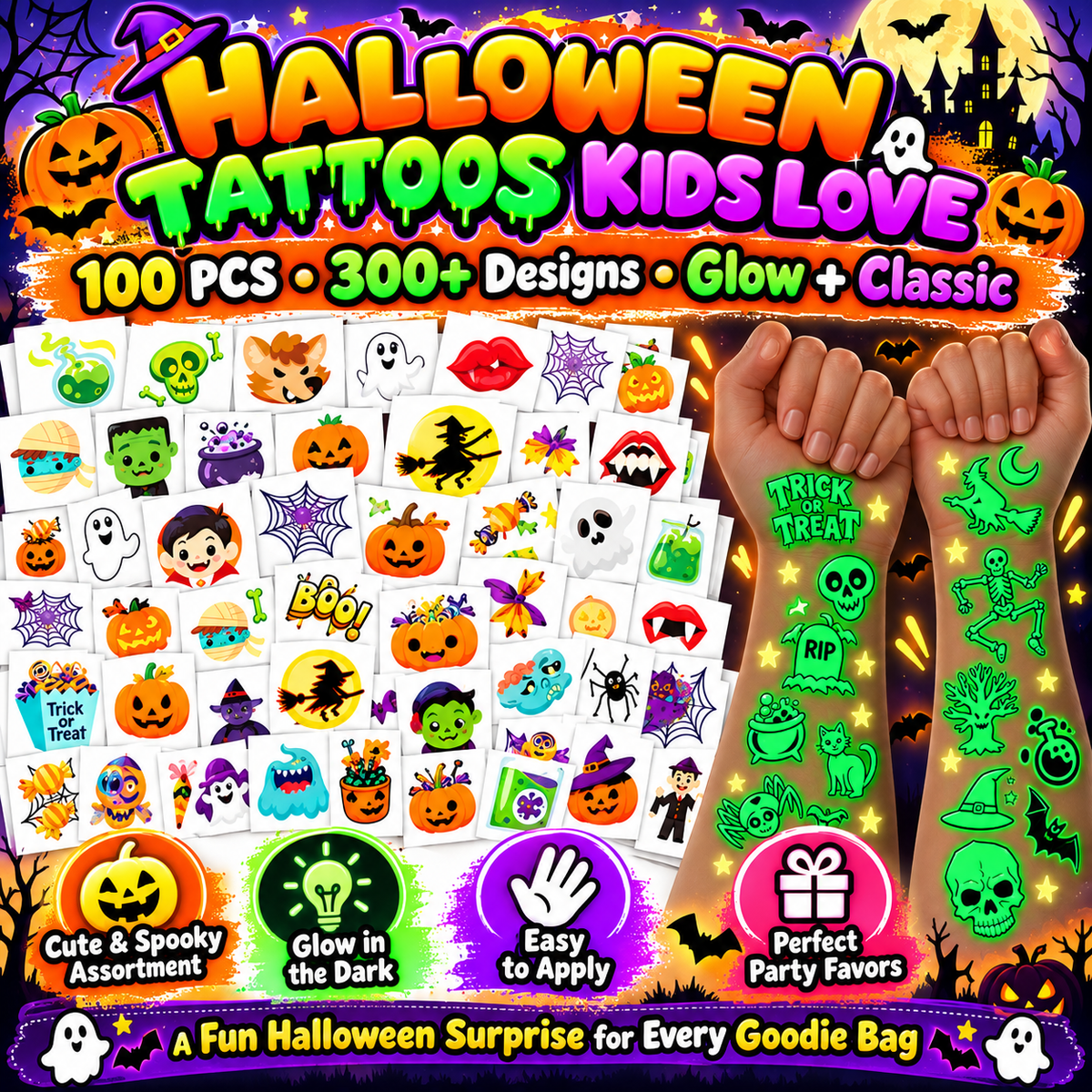 Glow-in-the-Dark Halloween Temporary Tattoos for Kids