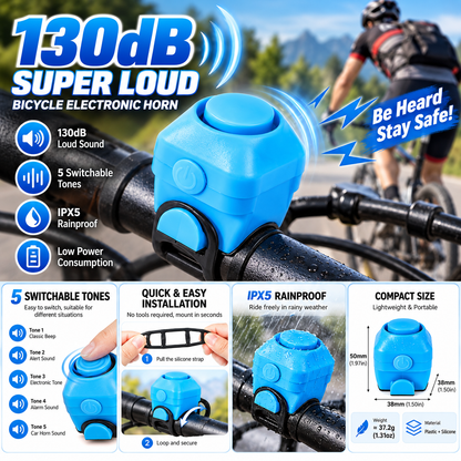 130dB Electronic Bike Horn – 5-Tone IPX5 Rainproof Bicycle Bell with Quick Silicone Mount