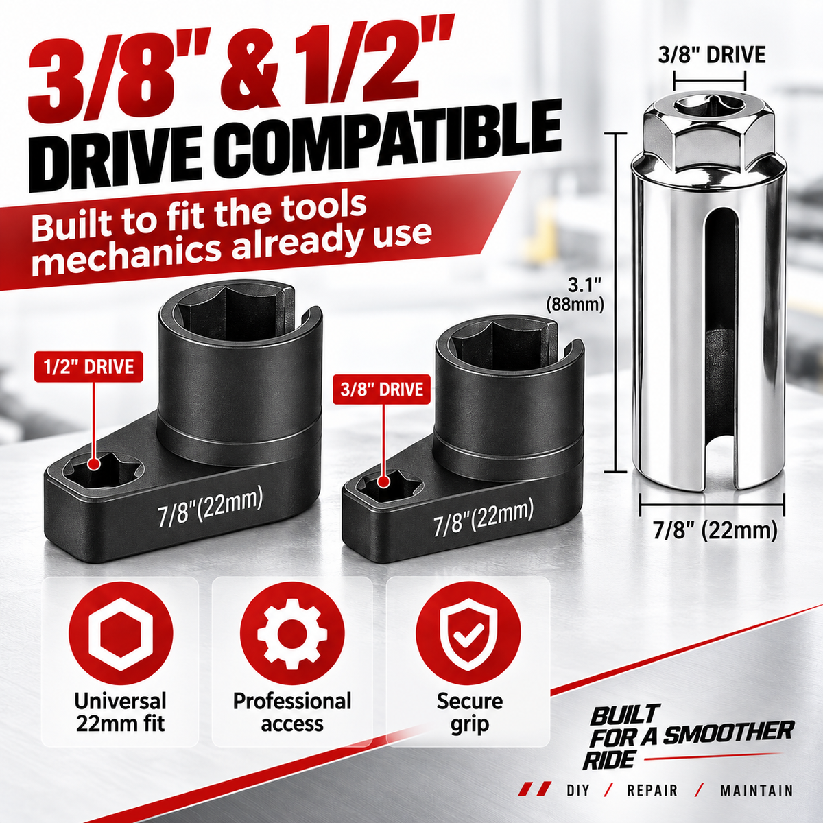 Hot sales🔥5-Piece O2 Sensor Socket & Thread Chaser Set – 22mm / 7/8", 3/8" & 1/2" Drive Oxygen Sensor Removal Tool Kit