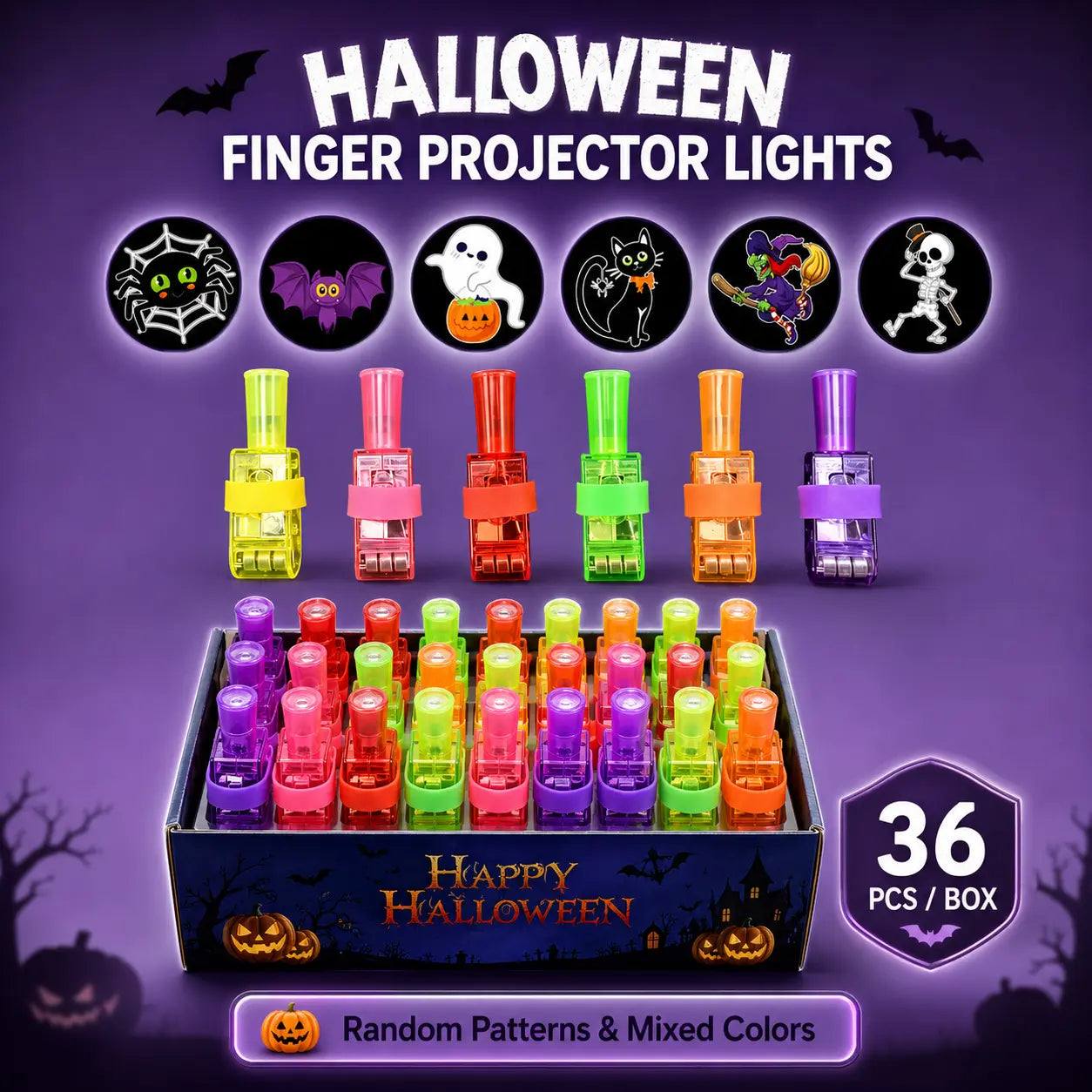 🎃 TODAY ONLY 50% OFF — 36PCS Halloween Finger Projector Rings ✨ 6 Spooky Light-Up Designs