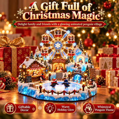 Animated Penguin Christmas Village – Lighted Ferris Wheel & Moving Ice Skaters Tabletop Decor-USB-C Rechargeable