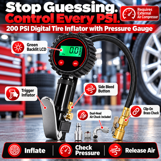 🚗 Inflador de neumáticos digital de 200 PSI – 3 en 1: cabezal de aire, manómetro y válvula de purga