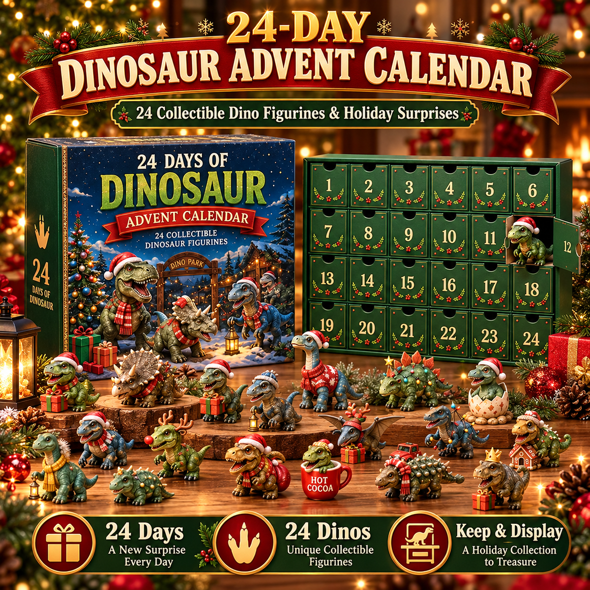 🦖🎅🎄24 Days of Dinosaur Christmas Advent Calendar – 24 Collectible Dino Figurines & Holiday Surprises