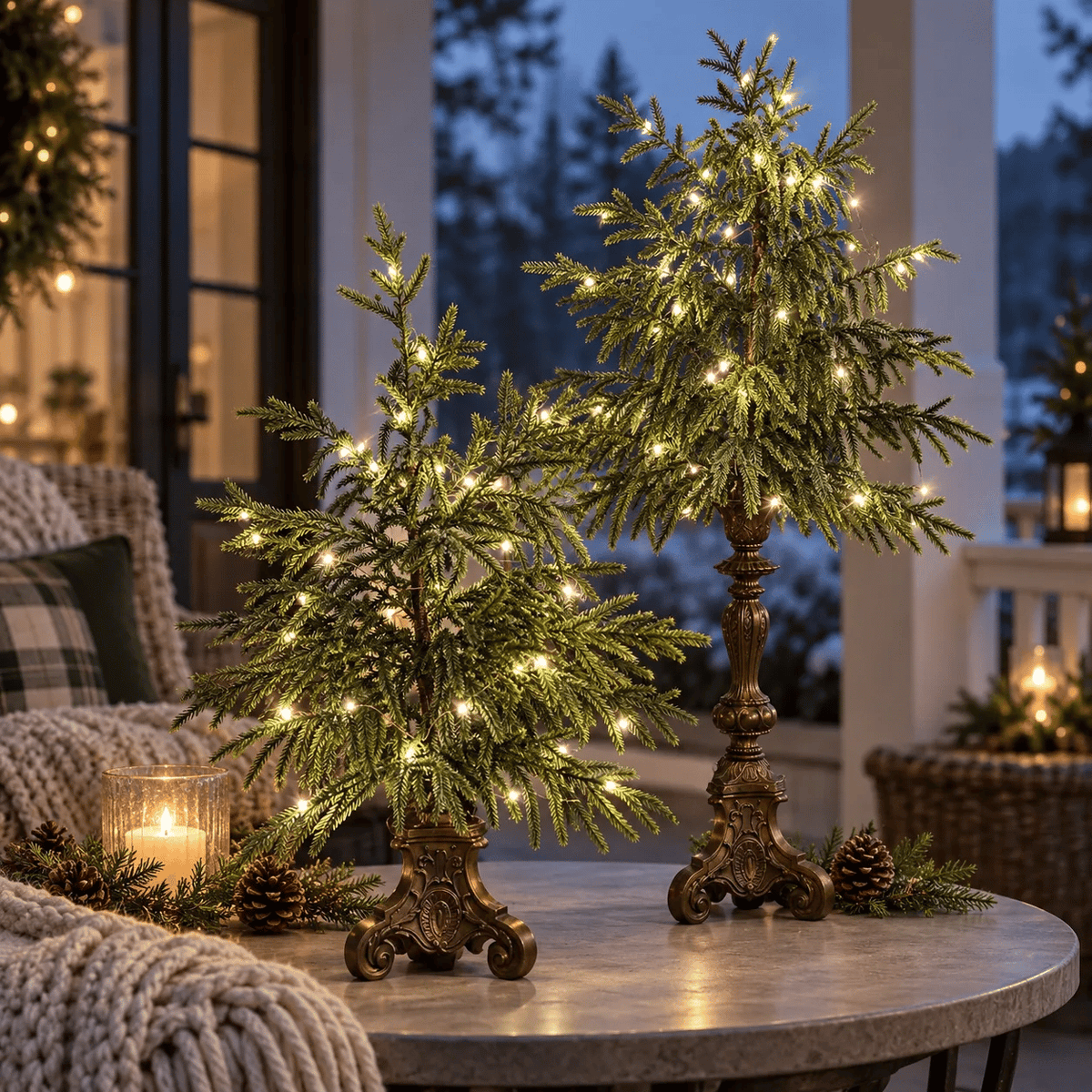 Vintage Lighted Norfolk Pine Trees – Warm White LED Christmas Tabletop Decor, 12″ & 18″