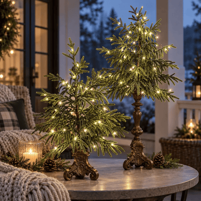 Vintage Lighted Norfolk Pine Trees – Warm White LED Christmas Tabletop Decor, 12″ & 18″