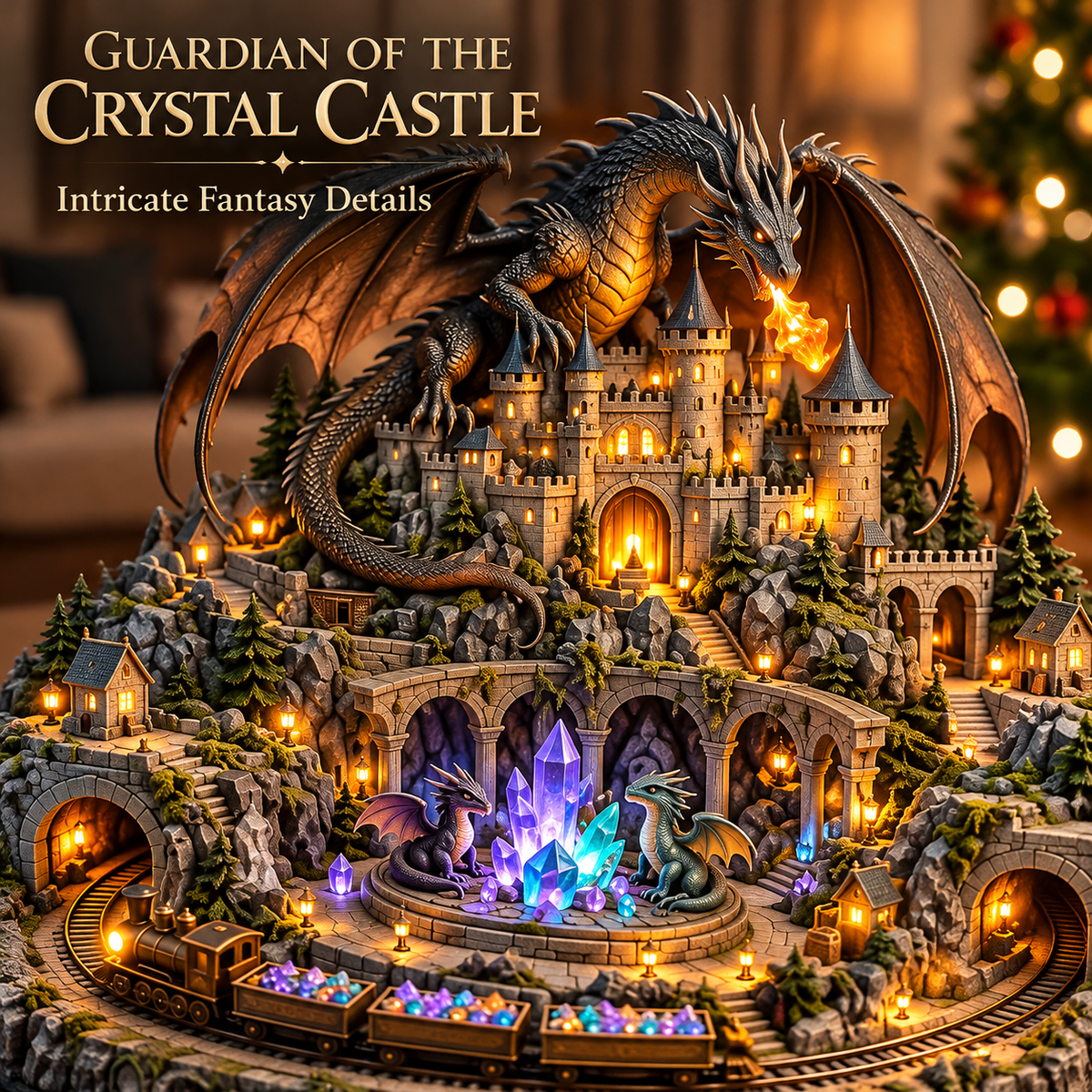 Animated Dragon Castle Crystal Train Village – USB-C Rechargeable Lighted Fantasy Tabletop Decor with Rotating Moving Train
