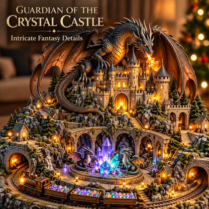 Animated Dragon Castle Crystal Train Village – USB-C Rechargeable Lighted Fantasy Tabletop Decor with Rotating Moving Train