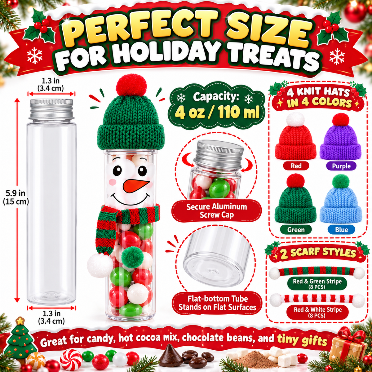 16-Pack DIY Snowman Candy Tubes – Christmas Treat Containers with Mini Hats, Scarves & Craft Decorations