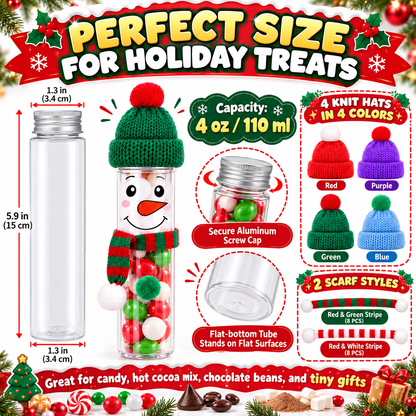 16-Pack DIY Snowman Candy Tubes – Christmas Treat Containers with Mini Hats, Scarves & Craft Decorations