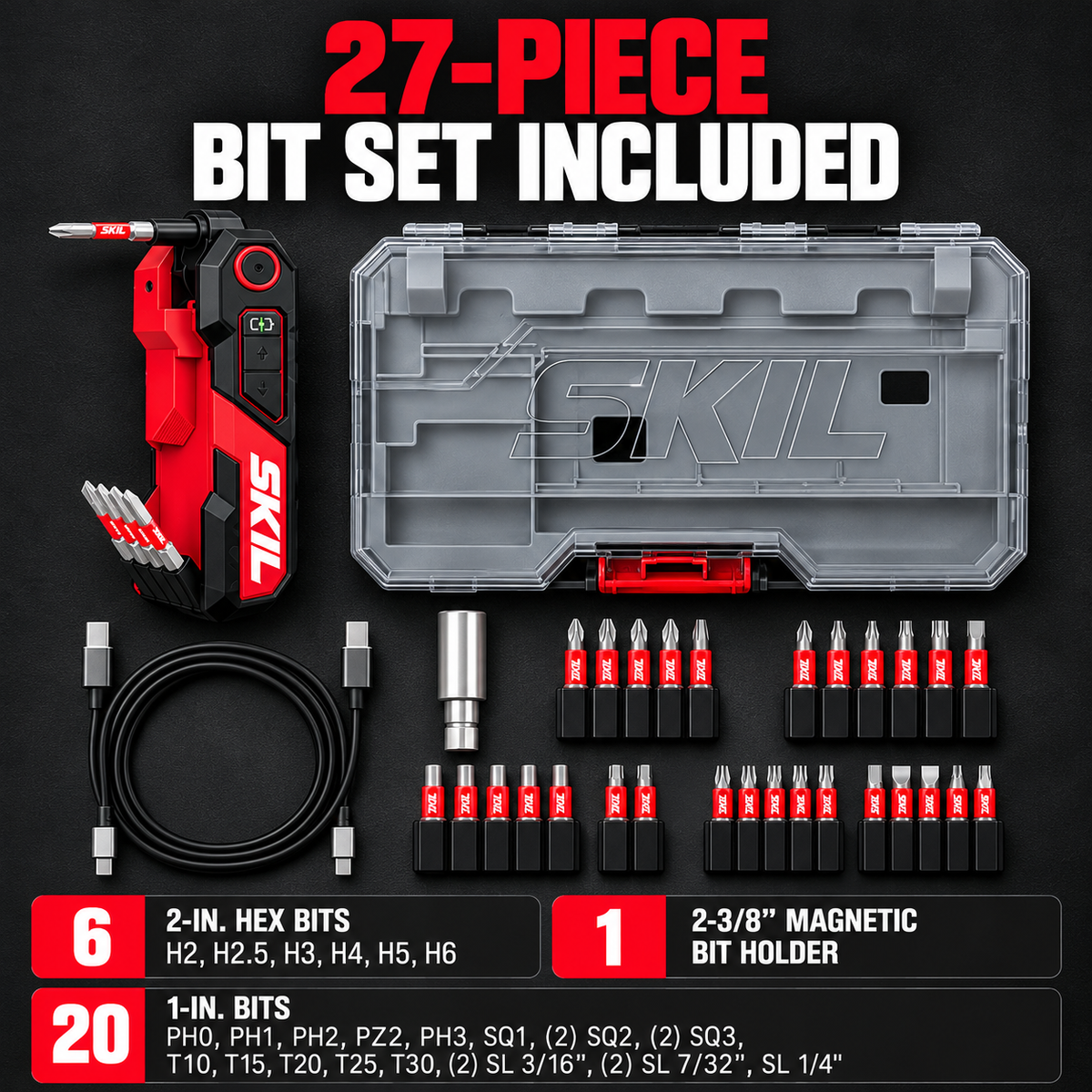SKIL PWR CORE GO Folding Electric Hex Key – 3-Position Cordless Screwdriver with Dual LED Work Lights & USB-C Charging