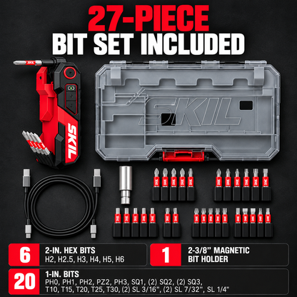SKIL PWR CORE GO Folding Electric Hex Key – 3-Position Cordless Screwdriver with Dual LED Work Lights & USB-C Charging