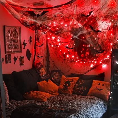 Halloween Spider Web Decorations with 32FT String Lights, 300 sqft Stretch Cobwebs, Black Creepy Cloth, Fake Bats and Spiders for Indoor Outdoor Yard Doorway Entryway Decor