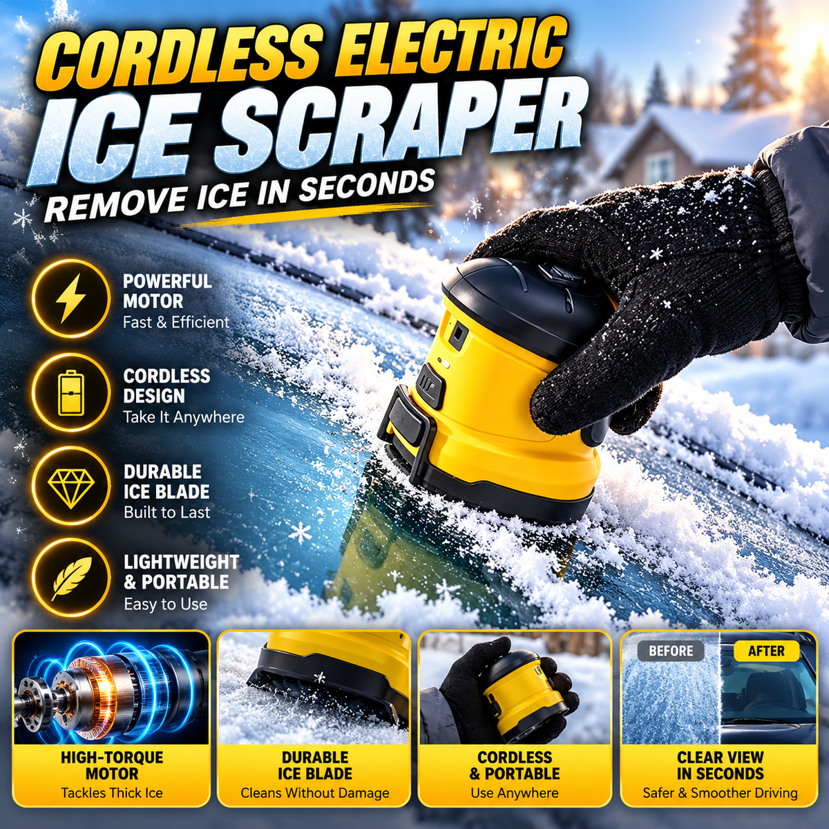 ❄️ Electric Windshield Ice Scraper – Cordless USB Rechargeable, 1600RPM High-Speed Ice Removal