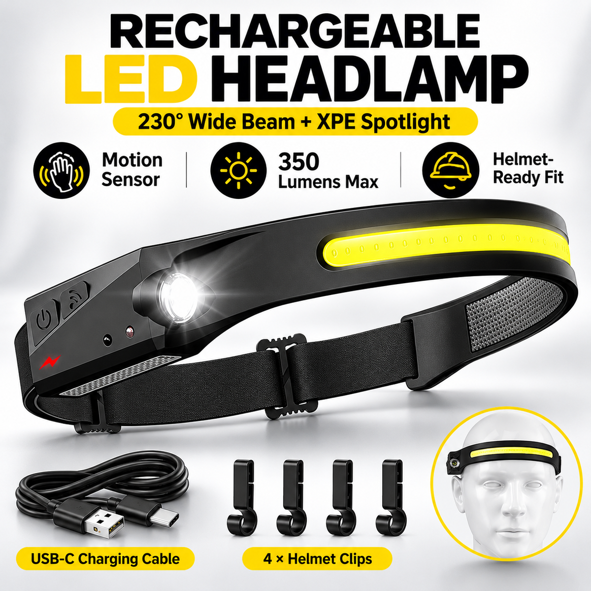 Rechargeable LED Headlamps - 230° Wide View, Motion Sensor