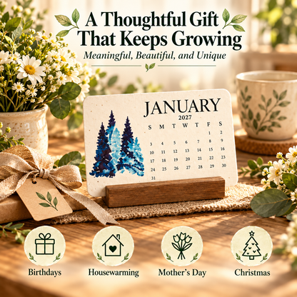 2027 Plantable Seed Paper Calendar With wooden bracket– 12-Month Botanical Desk Calendar, Eco-Friendly Gardening Gift