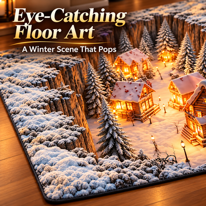 3D Winter Village Christmas Rug – Snowy Canyon Village Illusion Area Rug for Cozy Holiday Home Decor