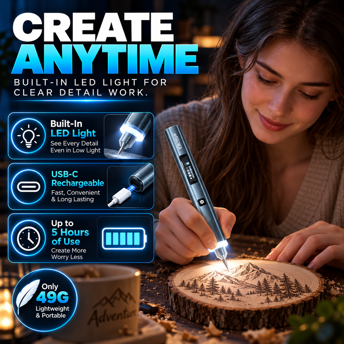 Vanlgs Cordless Engraving Pen Kit – 5-Speed Rechargeable Electric Engraver with LED Light & 30 Engraving Bits for DIY Gifts