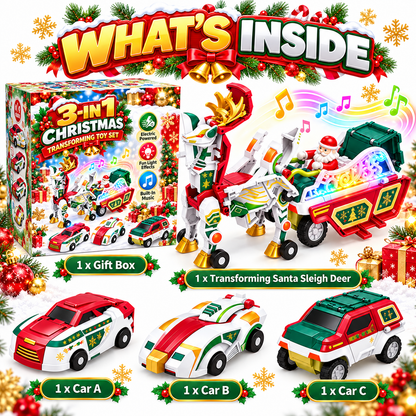 🔥Last day 50% OFF-3-in-1 Magnetic Christmas Transforming Car Toy Set with Santa Sleigh, Lights & Music