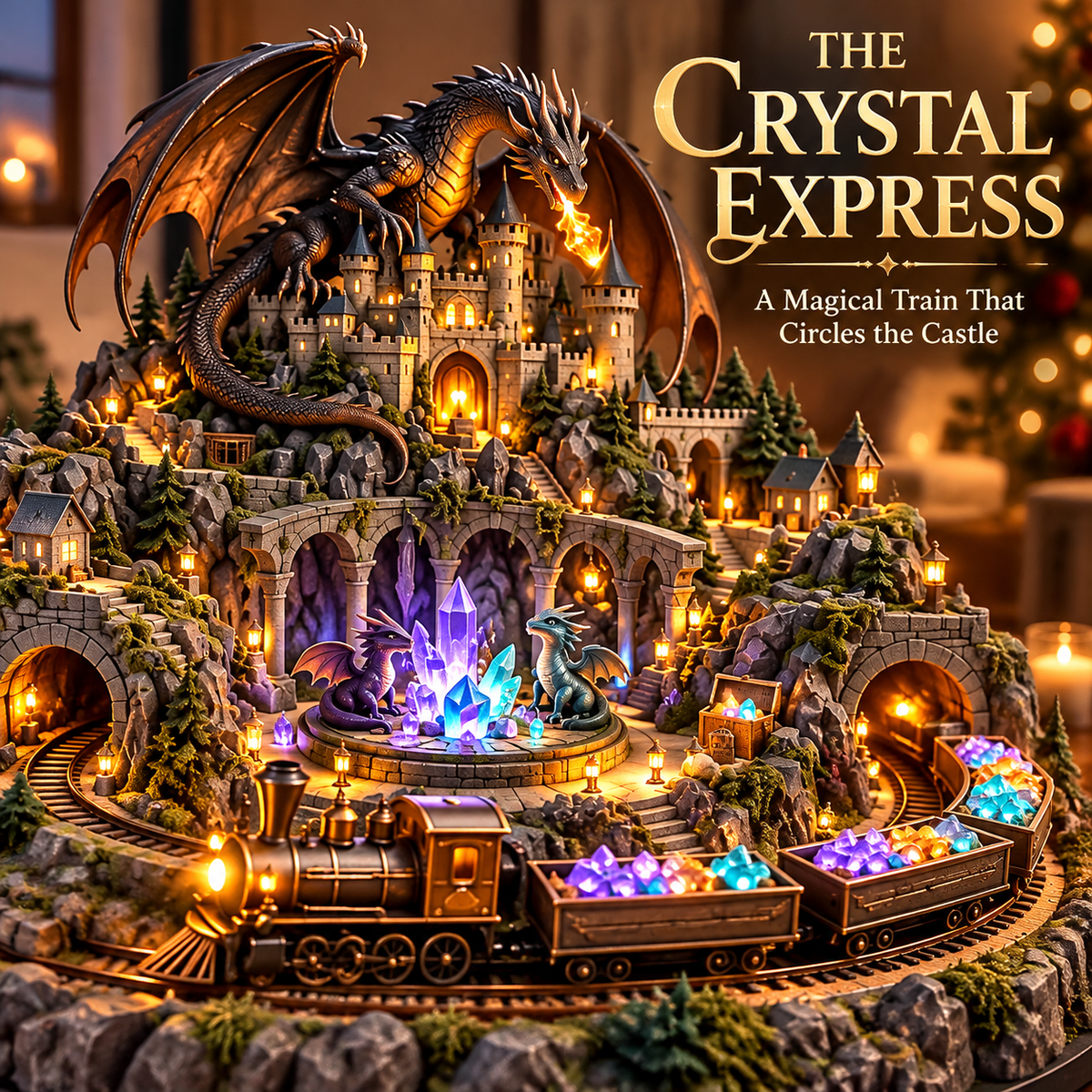 Animated Dragon Castle Crystal Train Village – USB-C Rechargeable Lighted Fantasy Tabletop Decor with Rotating Moving Train