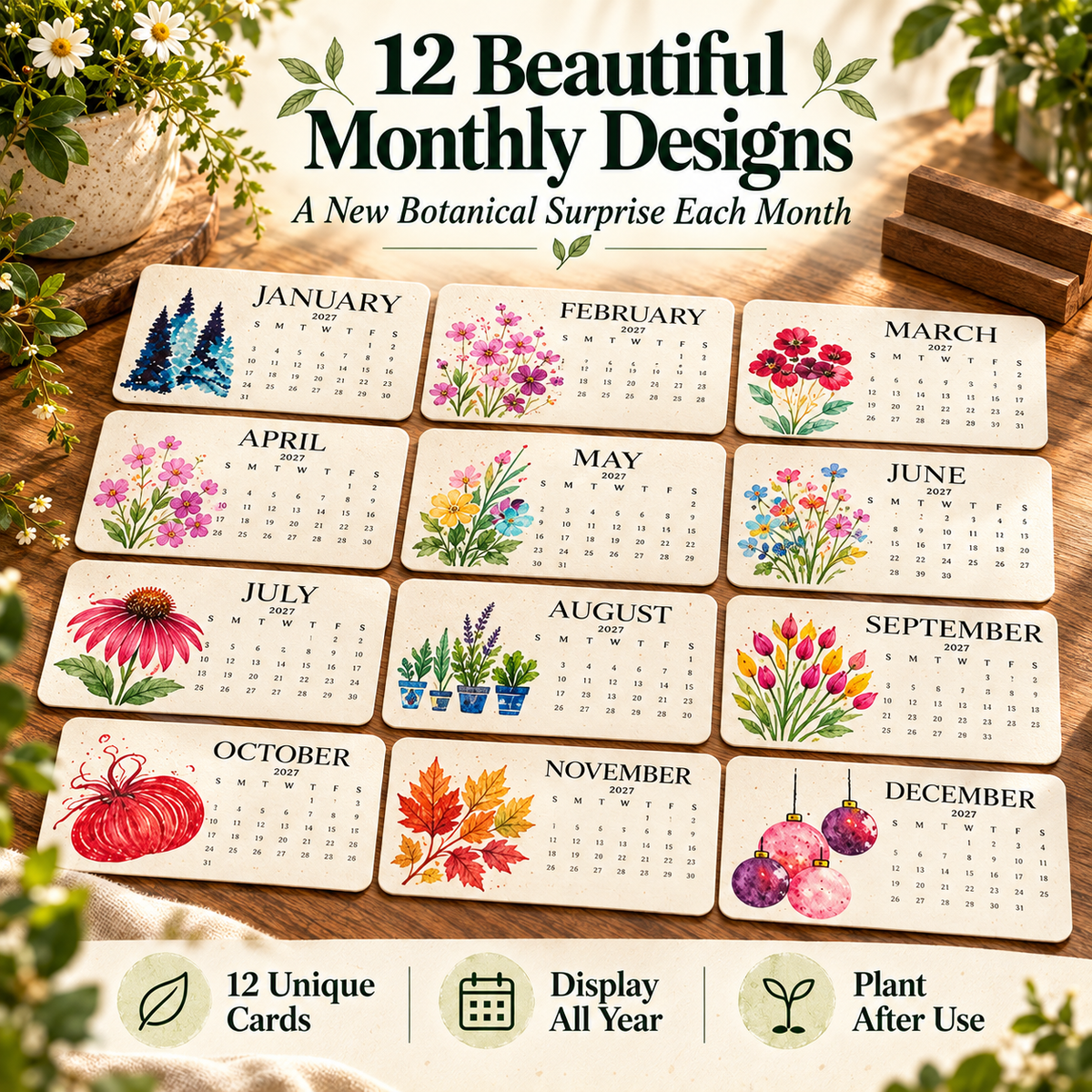 2027 Plantable Seed Paper Calendar With wooden bracket– 12-Month Botanical Desk Calendar, Eco-Friendly Gardening Gift