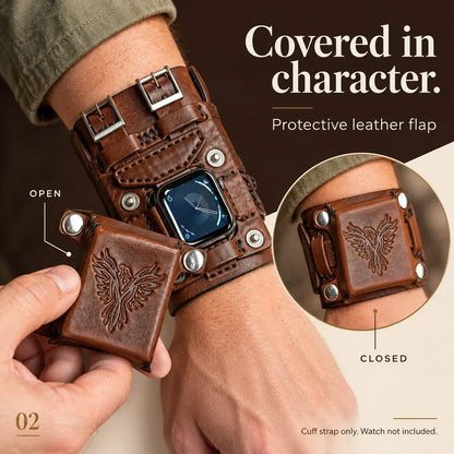 Leather Cuff Watch Strap with Personalized Flap, Brown Wide Handmade Watch Band for Apple