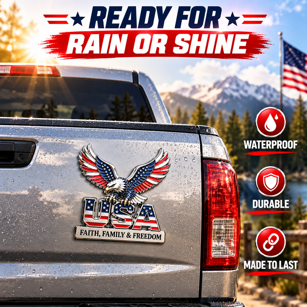 Eagle USA 3D Patriotic Car Decal – American Bald Eagle Metal Sticker, Faith Family & Freedom