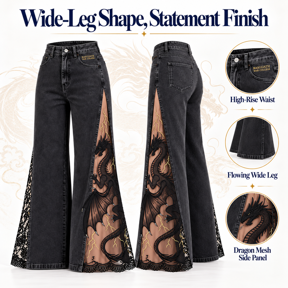 Dragon Mesh-Panel Wide-Leg Jeans – High-Waisted Fantasy Denim