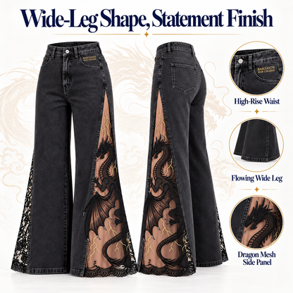 Dragon Mesh-Panel Wide-Leg Jeans – High-Waisted Fantasy Denim