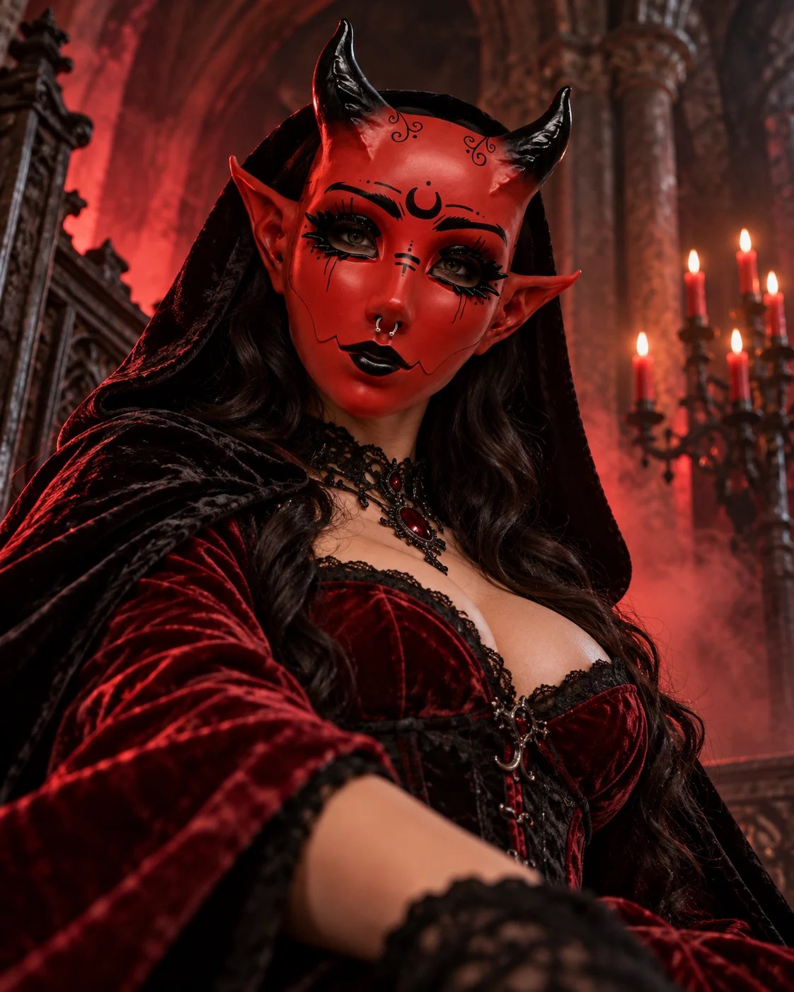 Close-up of crimson demon mask gothic facial markings, crescent motifs and eye detailing