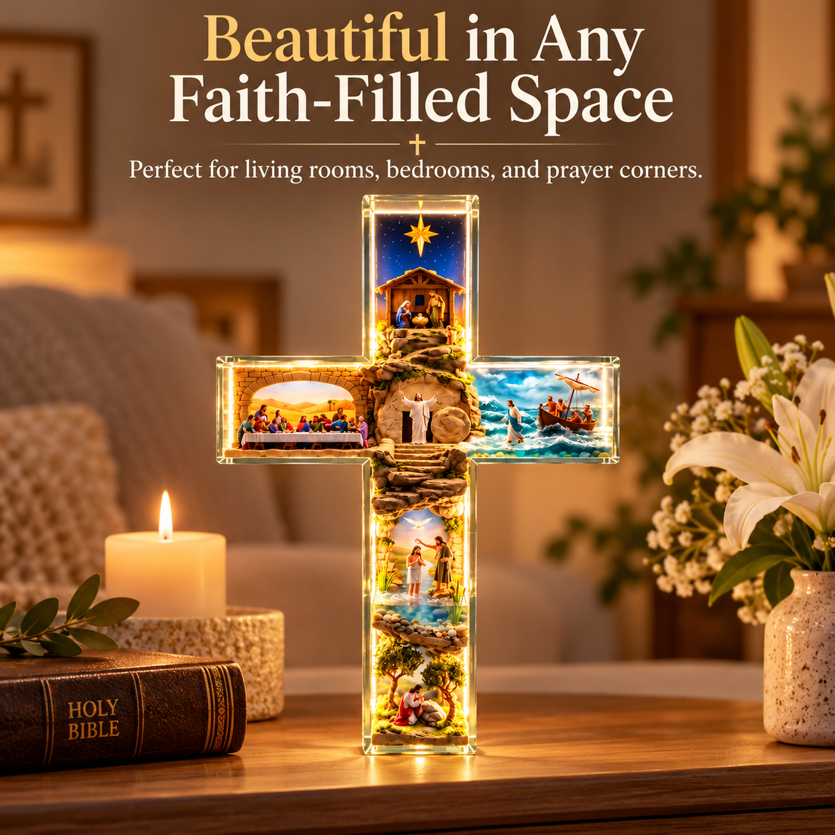 ✝️✨Jesus Story Illuminated Cross – 6 Biblical Scenes Lighted Christian Home Decor & Faith Gift ❤️