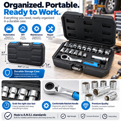 Universal Pass-Thru Socket & Ratchet Set – 16-Piece, 42 Fastener Sizes, SAE/Metric/TORX/Spline