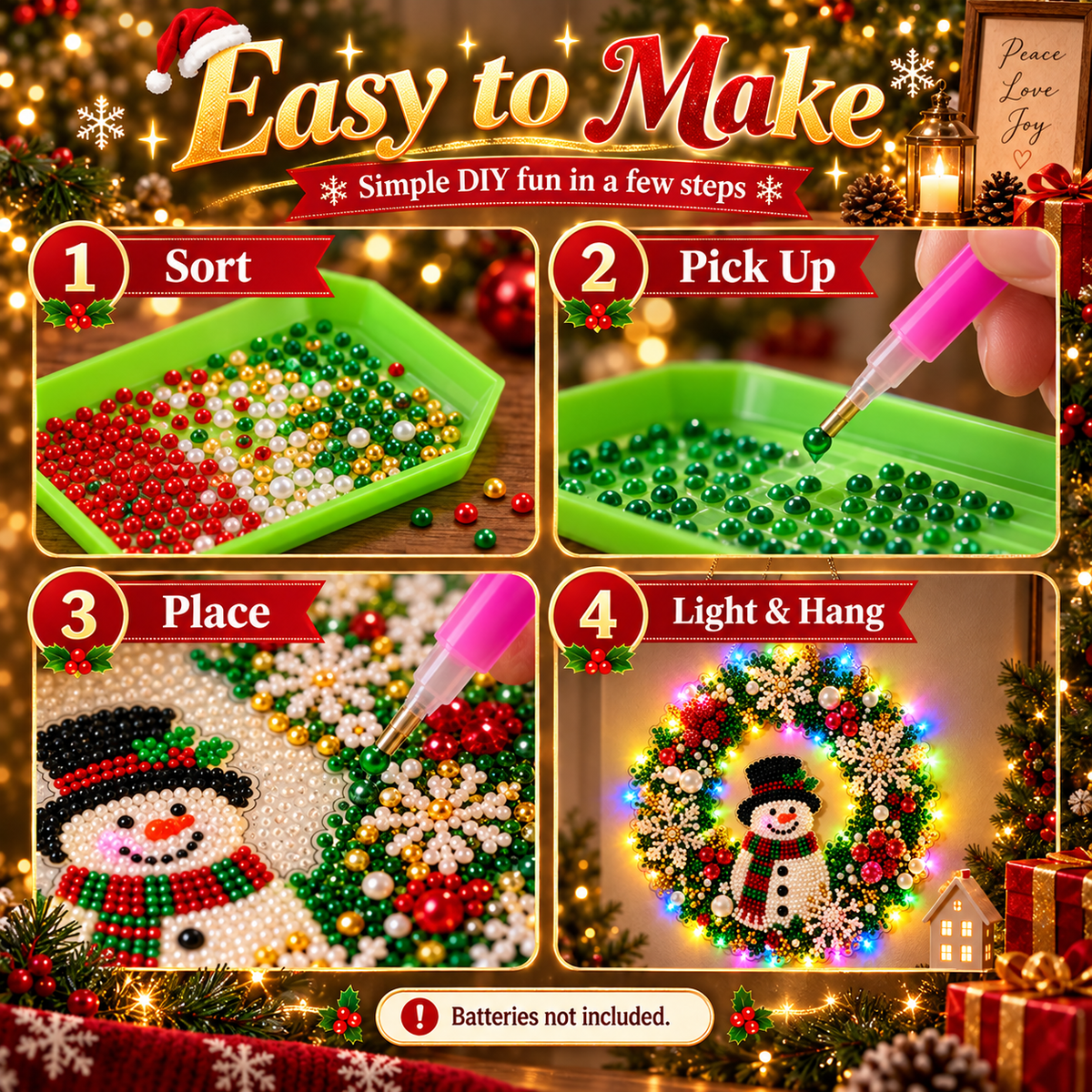 Hot Sale⛄Christmas Pearl Diamond Painting Pendant Kit with LED String Lights