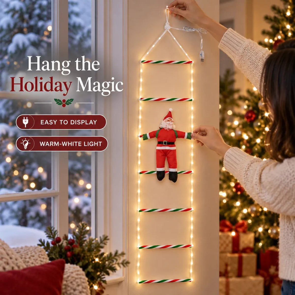 🎅✨ Climbing Santa LED Ladder Lights – USB Christmas Window & Wall Decoration with Remote🎄