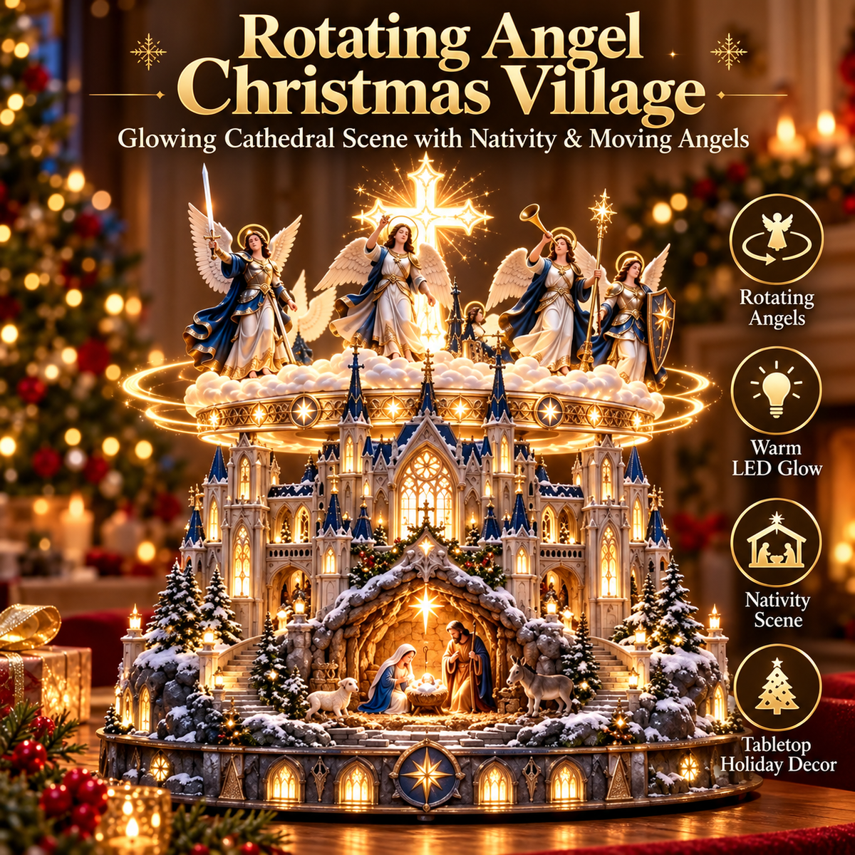Rotating Angel Nativity Christmas Village – Lighted Cathedral & Holy Family Tabletop Decor-USB-C Rechargeable