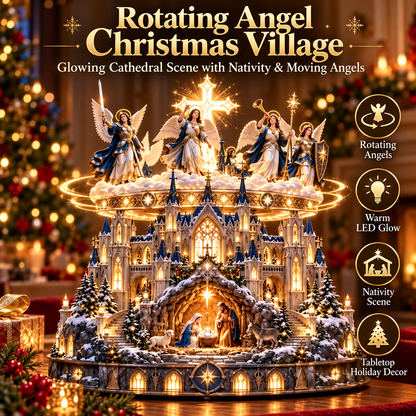 Rotating Angel Nativity Christmas Village – Lighted Cathedral & Holy Family Tabletop Decor-USB-C Rechargeable