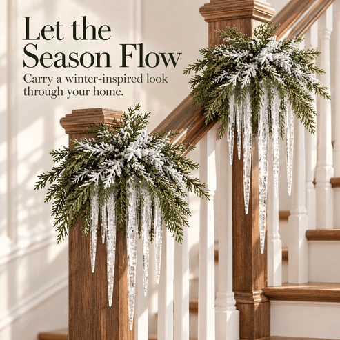 Snow-Frosted Cedar & Icicle Hanging Accent