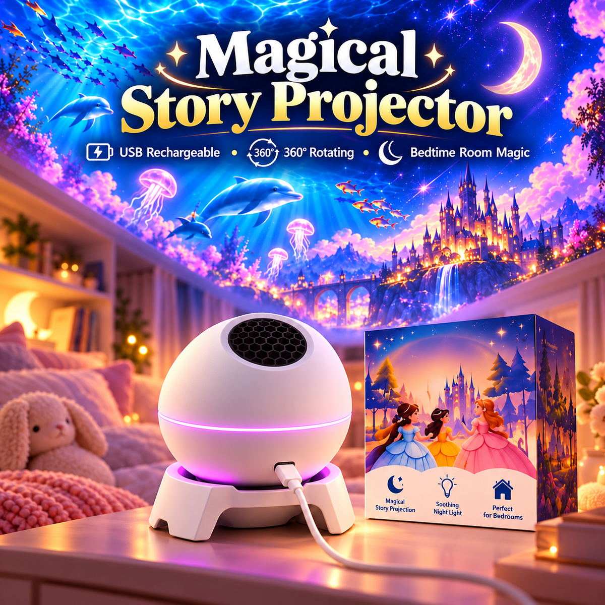 Magical Story Projector Night Light – 360° Rotating Fantasy Room Projector, USB Rechargeable