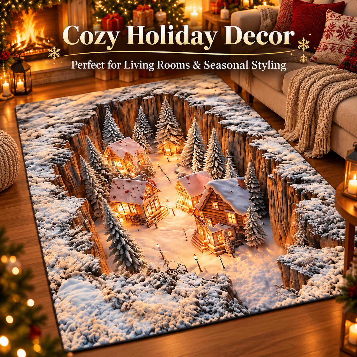 3D Winter Village Christmas Rug – Snowy Canyon Village Illusion Area Rug for Cozy Holiday Home Decor