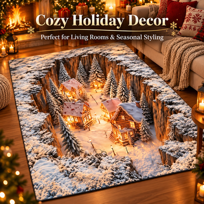 3D Winter Village Christmas Rug – Snowy Canyon Village Illusion Area Rug for Cozy Holiday Home Decor