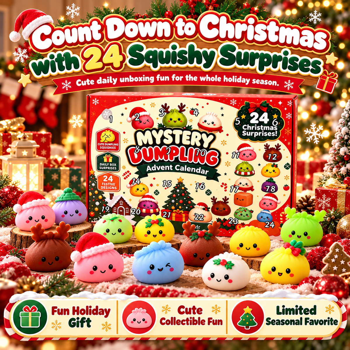 24-Day Christmas Mini Squishies Advent Calendar – Mystery Dumpling Squeeze Toys Holiday Countdown Gift
